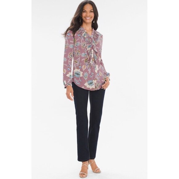 Chico’s Jacobean Bouquet Pleated Ruffle Long Sleeve Blouse Size 2/ US L - Picture 3 of 11